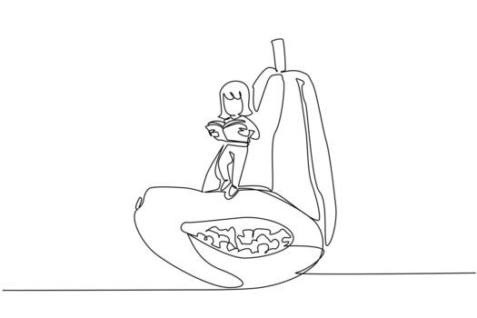 Single one line drawing girl reading while standing on a partially cut papaya. Serious. Focus. Hobby reading. Girl Reading Book at Vegetables and Fruits. Continuous line design graphic illustration vector
