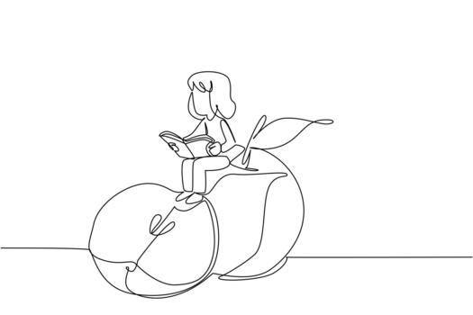 Single continuous line drawing young girl reading on apple. Reading while snacking on apples. Smart and healthy. Nerd. Girl Reading Book at Vegetables and Fruits. One line design illustration vector