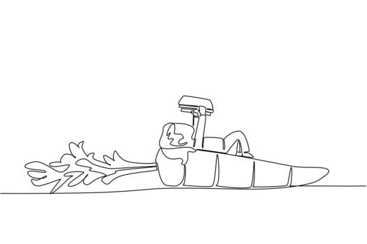 Single one line drawing young girl reading on carrot with leaves. Bad example of reading while sleeping. Nerd. Girl Reading Book at Vegetables and Fruits. Continuous line design graphic illustration vector