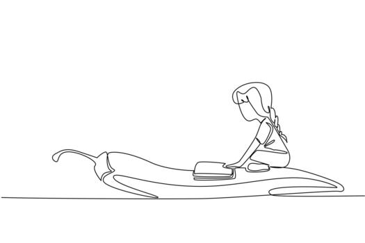 Continuous one line drawing girl reading on chili. Find out about the hottest chilies in the world by reading. Girl Reading Book at Vegetables and Fruits. Single line draw design illustration vector