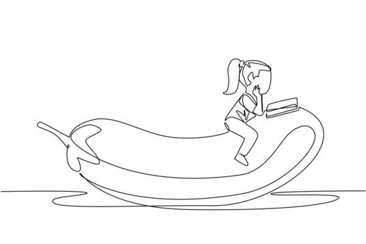 Single continuous line drawing girl reading on eggplant. Looking for a way to make eggplant more delicious when cooked. Girl Reading Book at Vegetables and Fruits. One line design illustration vector