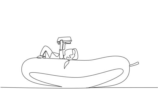 Single continuous line drawing girl reading on cucumber. Read the legend of the cucumber and the mouse deer. The nerd. Girl Reading Book at Vegetables and Fruits. One line design illustration vector