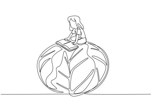 Single one line drawing girl reading on red cabbage. The colors of vegetables attract children. Useful reading. Girl Reading Book at Vegetables and Fruits. Continuous line design graphic illustration vector