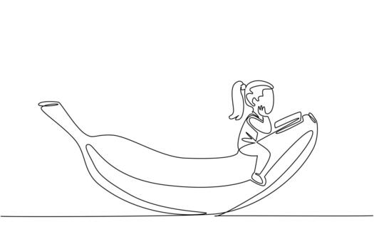 Single continuous line drawing girl reading on banana. Read the exciting experience of playing banana boat. Embracing. Girl Reading Book at Vegetables and Fruits. One line design illustration vector