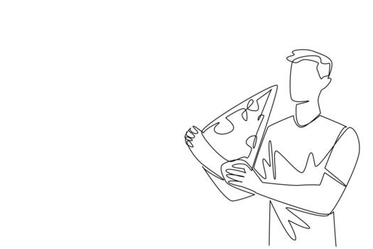 Continuous one line drawing a man eats a large slice of pizza. Without thinking about health. Always eat in large portions. Greedy. National No Diet Day. Single line draw design illustration vector