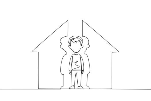 soltero continuo línea dibujo un chico mirando abajo y un casa conformado rompecabezas. simbolismo de incompleto afecto cuando en el casa. triste. nacional fomentar cuidado día. uno línea diseño ilustración vector