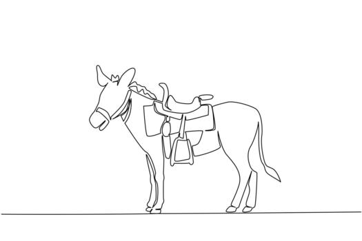 Single continuous line drawing donkey complete with saddle. Will be driven to monitor rice fields and agricultural areas. Very comfortable seat. World Donkey Day. One line design illustration vector