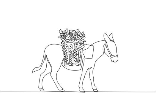 Continuous one line drawing a donkey carrying rattan basket filled with flowers on its back. Make it easier for farmers. Daily activities. World Donkey Day. Single line draw design illustration vector