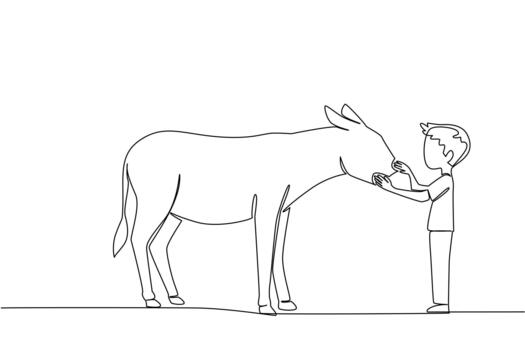 Single one line drawing the boy stands in front of the donkey and strokes its head. Playing at the zoo. Learning to love fellow creatures. World Donkey Day. Continuous line design graphic illustration vector