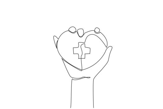 Single continuous line drawing hand is holding a heart with a plus sign in the middle. A strong determination to live a useful life for others. World Red Cross Day. One line design illustration vector