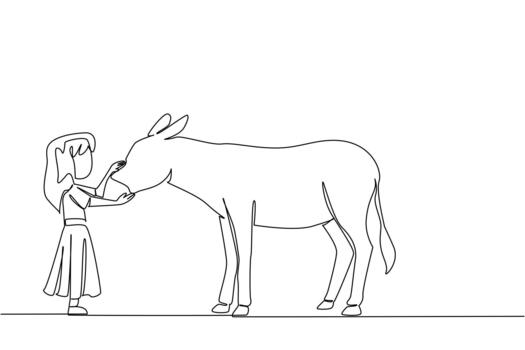 Continuous one line drawing the girl stands in front of the donkey and strokes its head. Learn independence by caring for animals. Care. World Donkey Day. Single line draw design illustration vector