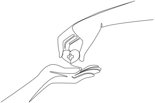 Single continuous line drawing hand is giving a heart with a plus sign in the middle to the other hand. Caring for each other. Donation. Love. World Red Cross Day. One line design illustration vector