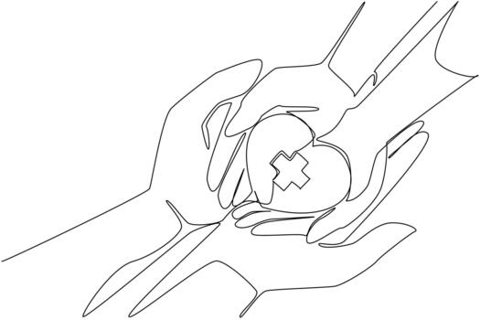 Continuous one line drawing palm and heart with a plus sign in the middle. Taught social sensitivity from an early age. Helping others. World Red Cross Day. Single line draw design illustration vector