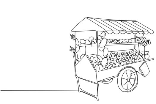 Continuous one line drawing a cart with wheels, filled with various kinds of fruits. A mobile fruit stall. Fruit trader. Kiosk. National Small Business Day. Single line draw design illustration vector