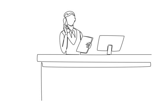 Continuous one line drawing a female receptionist stands holding a telephone receiver and a clipboard. Explaining over the phone. Info. Receptionist Day. Single line draw design illustration vector