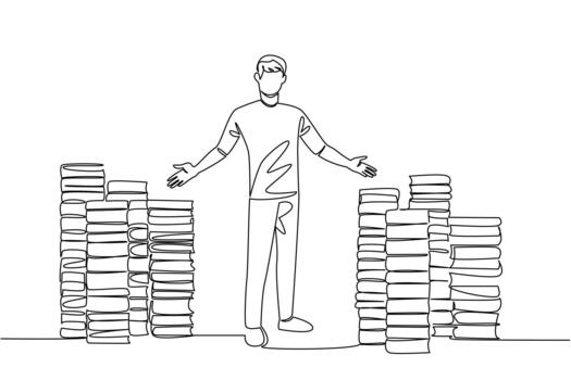 Continuous one line drawing a number of stacks of books and a man standing with a welcome gesture. Offering discounted books. National Small Business Day. Single line draw design illustration vector