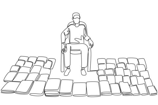 Single continuous line drawing a man sitting on a chair and around him there are various books. Sitting waiting for potential buyers. National Small Business Day. One line design illustration vector