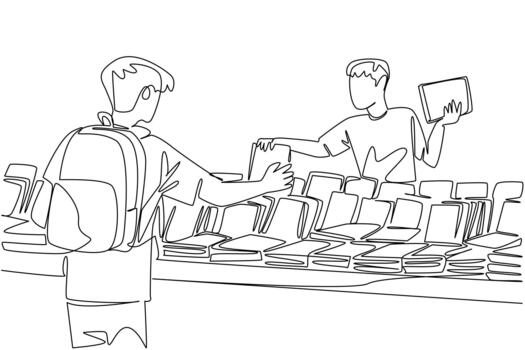 Continuous one line drawing a man buys a book at a book stall. The most complete place to find old books. Many collections. National Small Business Day. Single line draw design illustration vector