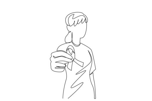 Continuous one line drawing woman holds ribbon with one hand. Symbol of high concern for health. Prevent dangerous diseases. Awareness. World Lupus Day. Single line draw design illustration vector