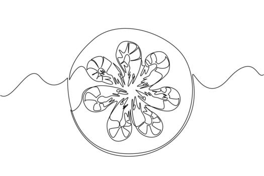 continuo uno línea dibujo varios camarones arreglado en un circulo en un circular de madera corte tablero. el presentación es apetitoso. nacional camarón día. soltero línea dibujar diseño ilustración vector
