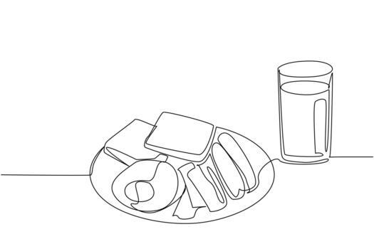 Single one line drawing fried egg with sausage, sliced meat and bread slices plus orange juice. Sufficient intake for busy people. Brunch for Lunch Day. Continuous line design graphic illustration vector