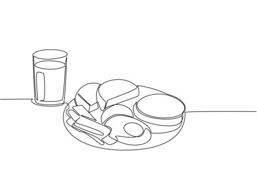 Single continuous line drawing fried egg with pancake, sliced meat and pieces of bread plus orange juice. Menu that is enough until dinner. Brunch for Lunch Day. One line design illustration vector