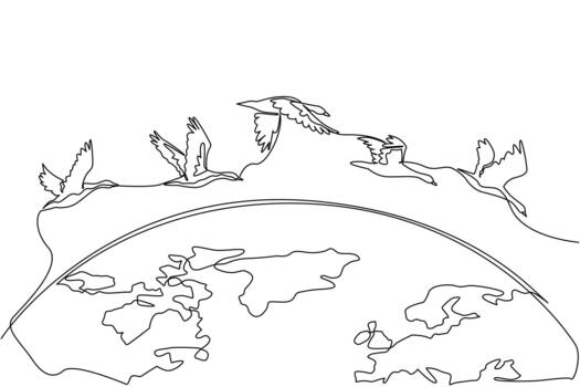 Continuous one line drawing goose mass flight across half the size of the globe. Go in groups to avoid the winter. Adaptation. World Migratory Bird Day. Single line draw design illustration vector