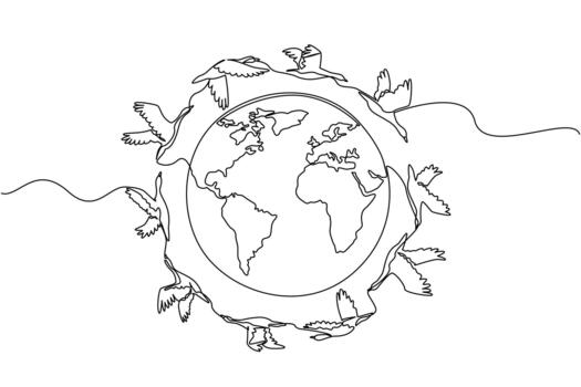 Single one line drawing goose flies mass around globe full. Go in groups to avoid predatory birds. Avoiding summer in the south. World Migratory Bird Day. Continuous line design graphic illustration vector