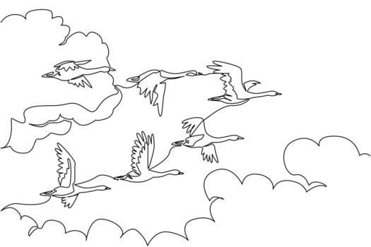 Single continuous line drawing swans fly in mass formation. Fly in groups as high as the clouds to move hundreds of miles. Migration. World Migratory Bird Day. One line design illustration vector