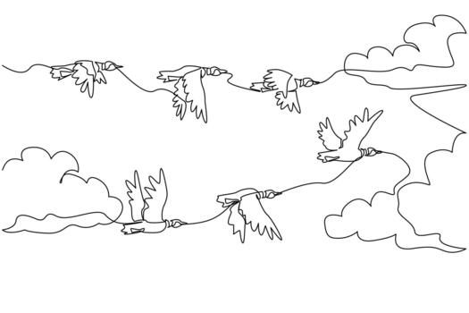 Continuous one line drawing mallards fly in mass formation. Safest formation flying in group. The best time to breed is in autumn. World Migratory Bird Day. Single line draw design illustration vector