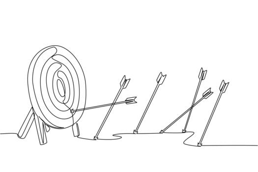 Continuous one line drawing more arrows stuck in the ground than the target pad. Lots of practice to perfect. Lack of accuracy. Not on target. Archery Day. Single line draw design illustration vector