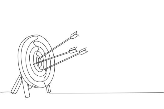 Single continuous line drawing 3 arrows hit the target pad. Achievements that are not yet optimal. Lack of practice. Lack of focus. Lack of accuracy. Archery Day. One line design illustration vector