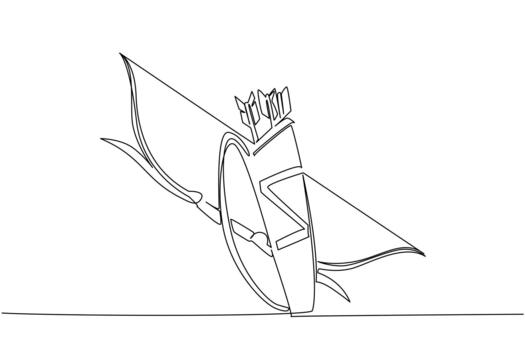 Continuous one line drawing the bow and arrows are in the quiver. Classic weapons that remain in use into the future. Train the focus. Game. Archery Day. Single line draw design illustration vector