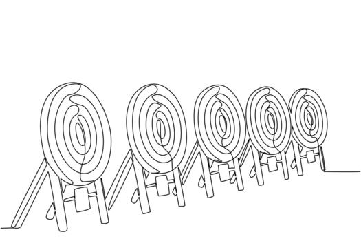 Single one line drawing 5 dart target boards lined up. Archery target pads are prepared for the competition. Looking for talent. Tournament. Archery Day. Continuous line design graphic illustration vector