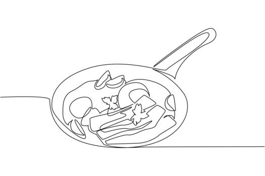Single continuous line drawing fried egg with sliced meat, sliced tomatoes and celery leaves on a teflon frying pan. Served to consumers. Brunch for Lunch Day. One line design illustration vector