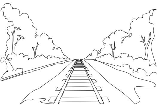 Single continuous line drawing train tracks with added trees along the tracks. Point of view of the machinist. Enjoying the green leaves. View. National Train Day. One line design illustration vector