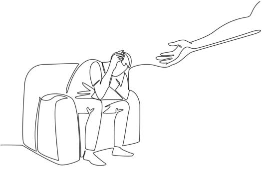 Single one line drawing man sitting on sofa with both hands holding his head. Helps to get out of trouble. National Mental Health Provider Appreciation Day. Continuous line design graphic illustration vector
