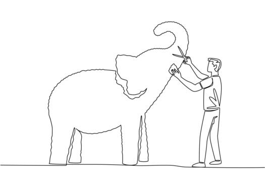 Continuous one line drawing a male gardener holds grass shears and shapes a tree into an elephant. A creativity without limits. The art. World Topiary Day. Single line draw design illustration vector