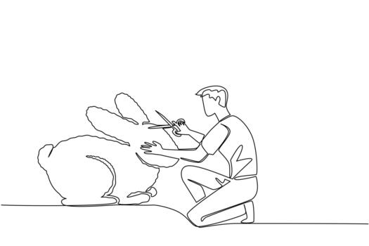 Continuous one line drawing male gardener kneels holding a tree shears shaping a tree into a rabbit. Amazing art. Creativity and hobbies. World Topiary Day. Single line draw design illustration vector
