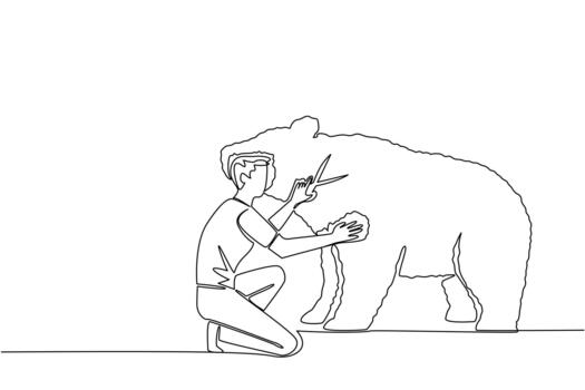 Single continuous line drawing a male gardener kneeling holding tree shears shaping a tree into a bear. Channeling hobbies into different media. World Topiary Day. One line design illustration vector