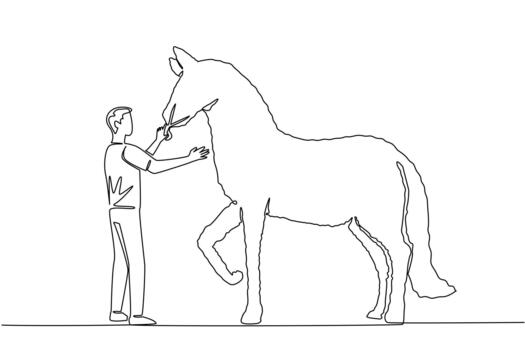 Single one line drawing a male gardener stands holding tree shears shaping a tree into a horse. Made with detail and precision. Hobby. World Topiary Day. Continuous line design graphic illustration vector