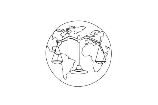 Single continuous line drawing globe with a scale in the middle. Global business requires legal strength as a protector. No one is harmed. World Fair Trade Day. One line design illustration vector