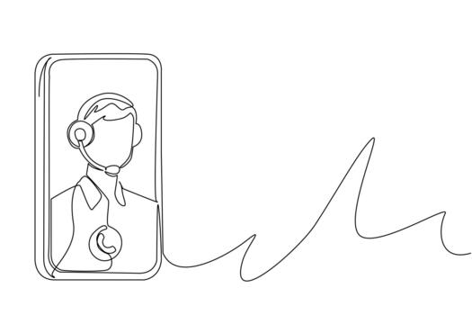 Single continuous line drawing smartphone with image of customer support wearing headphones. Solve problems with calls. International Customer Support Day. One line design illustration vector