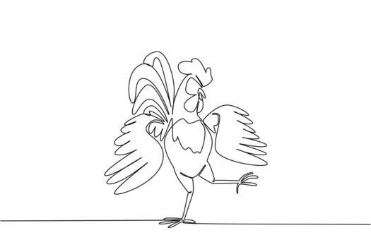 Single continuous line drawing rooster dancing pose. Moving the feet agilely. Following the rhythm of the music. Unique character. Comb. Dance Like a Chicken Day. One line design illustration vector