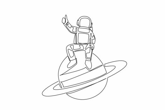 Single continuous line drawing the astronaut sitting on planet Saturn while his fingers form a thumbs up gesture. Relax before exploring. National Astronaut Day. One line design illustration vector