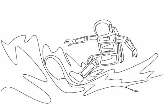 continuo uno línea dibujo astronauta surf con olas detrás. surf divertido en espacio. flotante libremente sin obstáculos cosmonauta. nacional astronauta día. soltero línea dibujar diseño ilustración vector