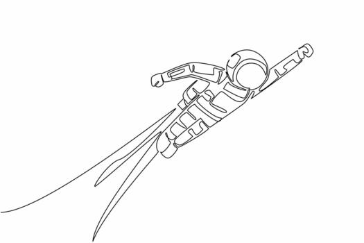 Single one line drawing astronaut flying using jetpack. Technology that makes things easier. Collecting data faster. The cosmonaut. National Astronaut Day. Continuous line design graphic illustration vector