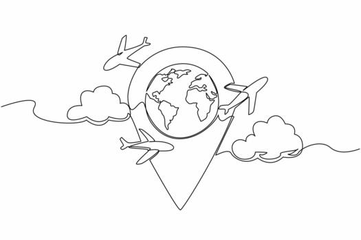 Single continuous line drawing pin location in the middle is a globe with several airplanes and clouds around it. Technology helps travelers. National Tourism Day. One line design illustration vector