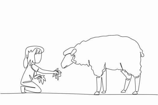 Continuous one line drawing girl holds a handful of grass in her hand and gives it to the sheep. Providing the best grass feed. National Open Farm Day. Single line draw design illustration vector