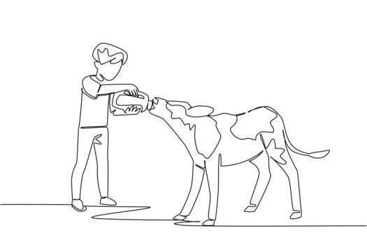 Single one line drawing boy holding a large milk bottle and giving it to a calf. Learn to be a good farmer. Be patient and diligent. National Open Farm Day. Continuous line design graphic illustration vector